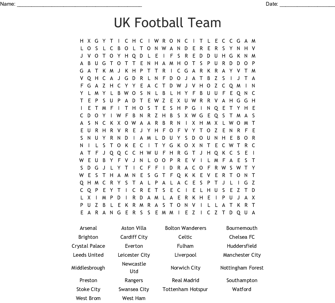 English Football Teams Word Search - Wordmint