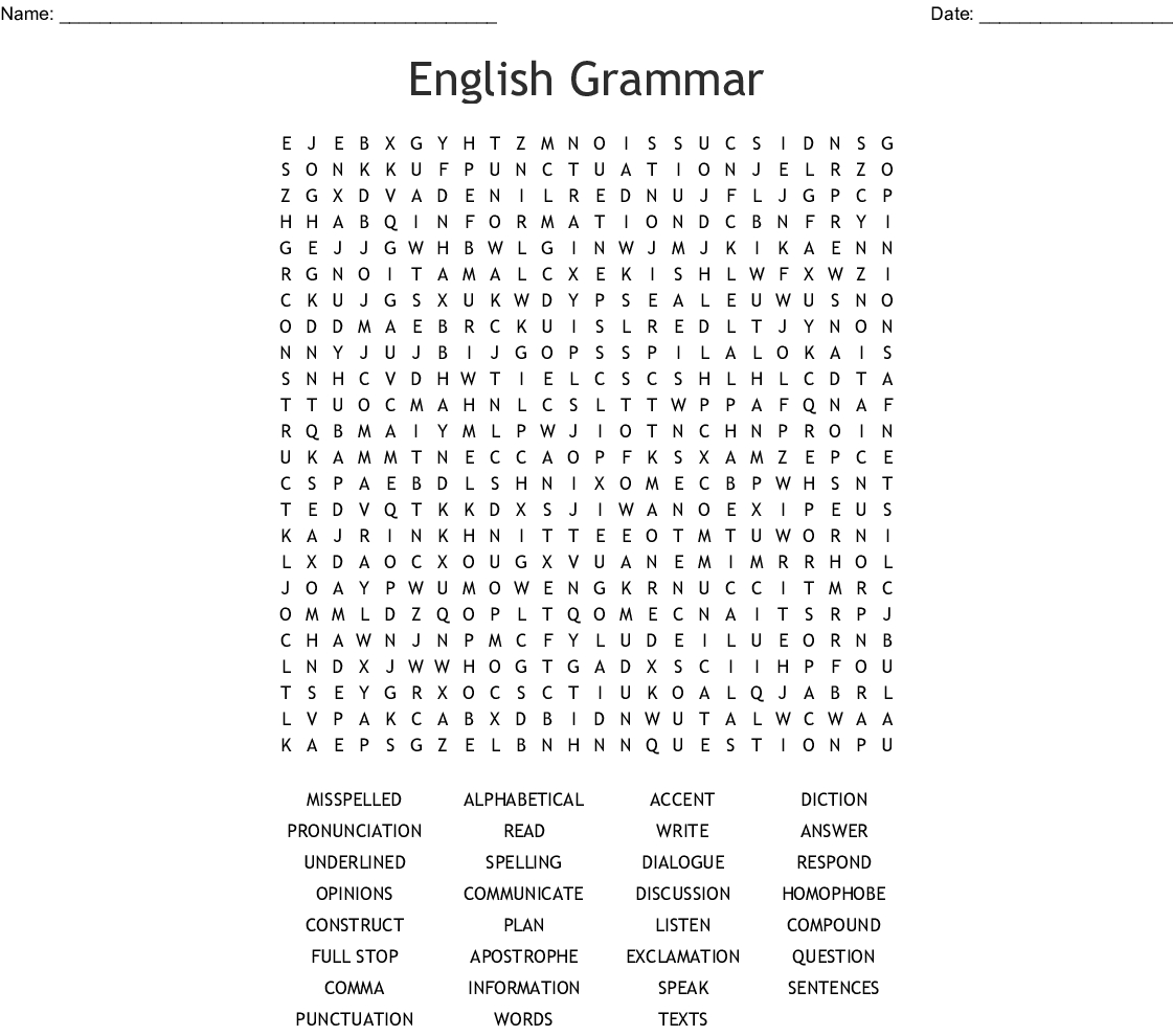 English Grammar Word Search - Wordmint