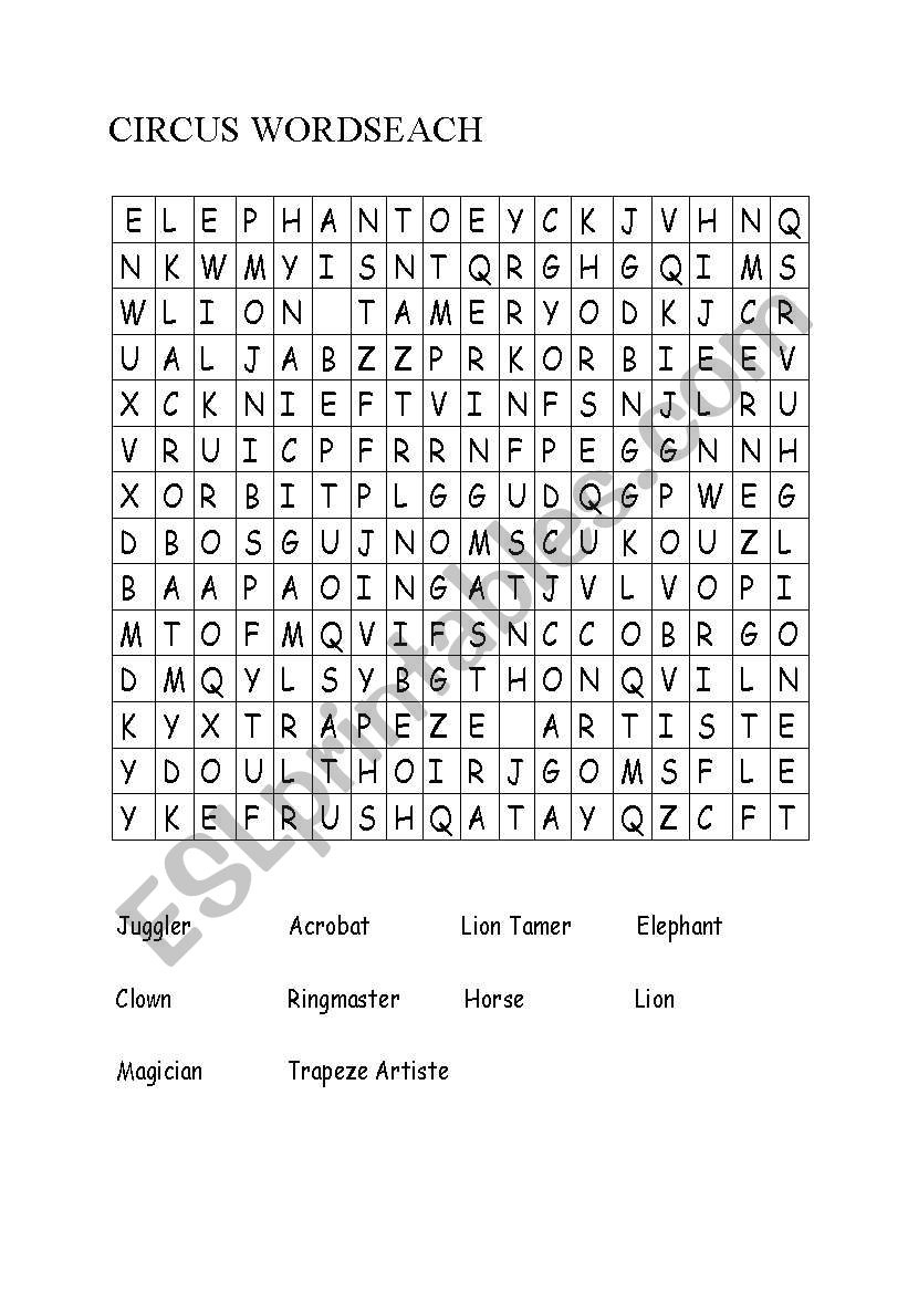 English Worksheets: Circus Wordsearch