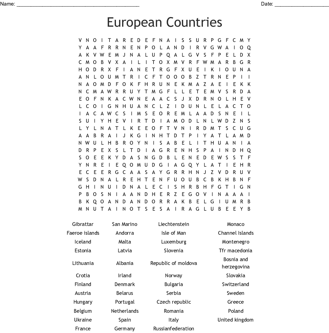 European Countries Word Search - Wordmint