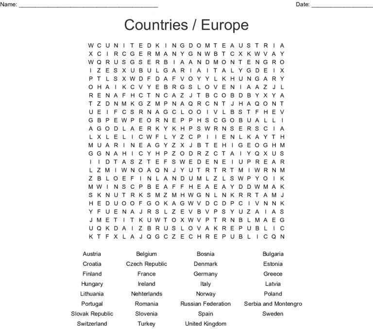 European Countries Word Search - Wordmint - Word Search Printable