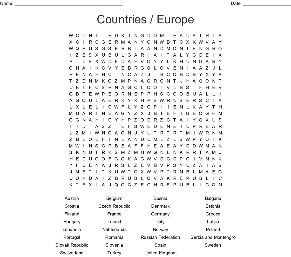 European Countries Word Search - Wordmint