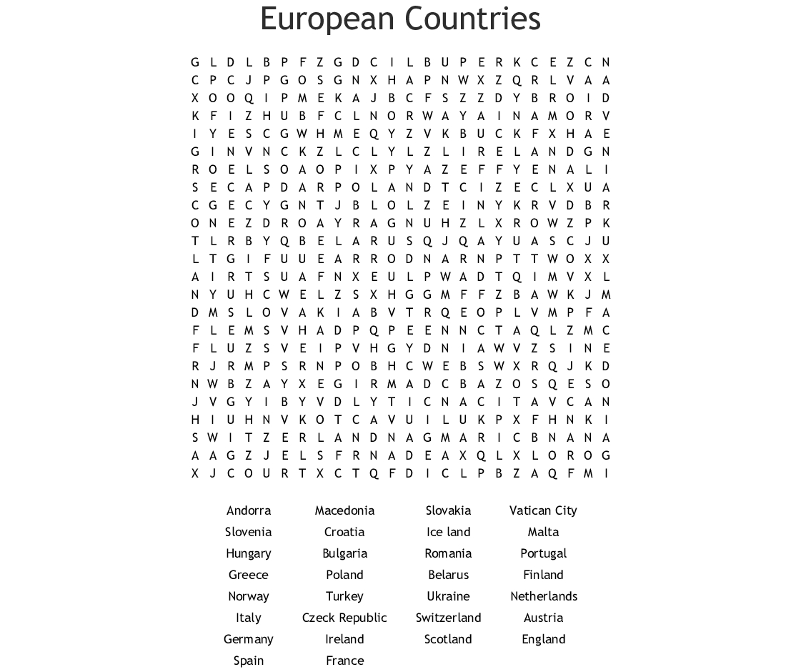 Printable Word Search European Countries