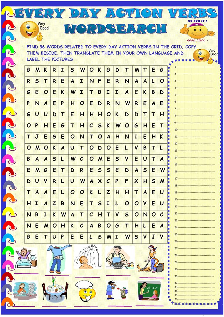 Every Day Action Verbs : Wordsearch - English Esl Worksheets