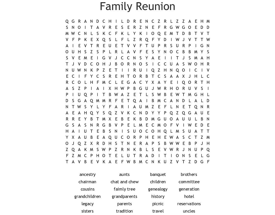 Family Reunion Word Search - Wordmint - Word Search Printable