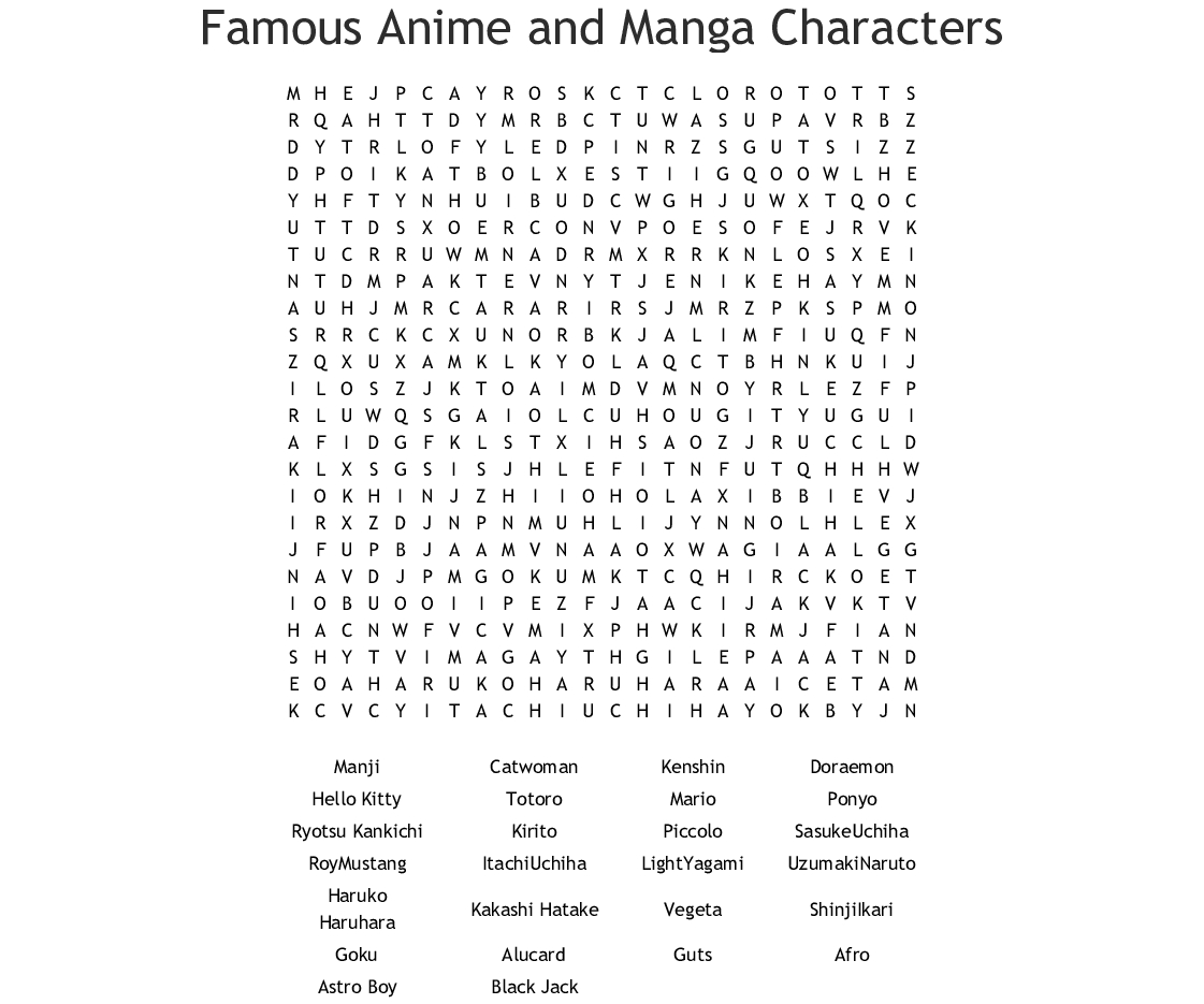 Famous Anime And Manga Characters Word Search - Wordmint