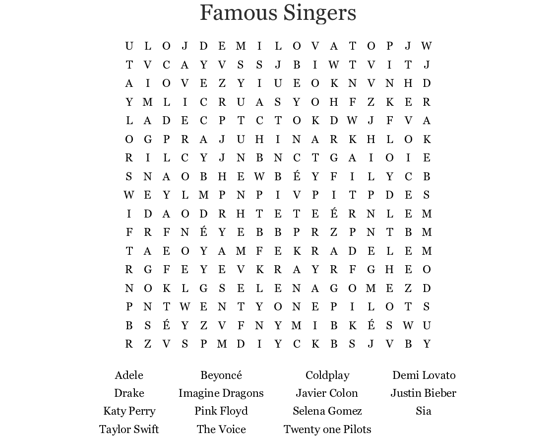 Famous Singers Word Search - Wordmint