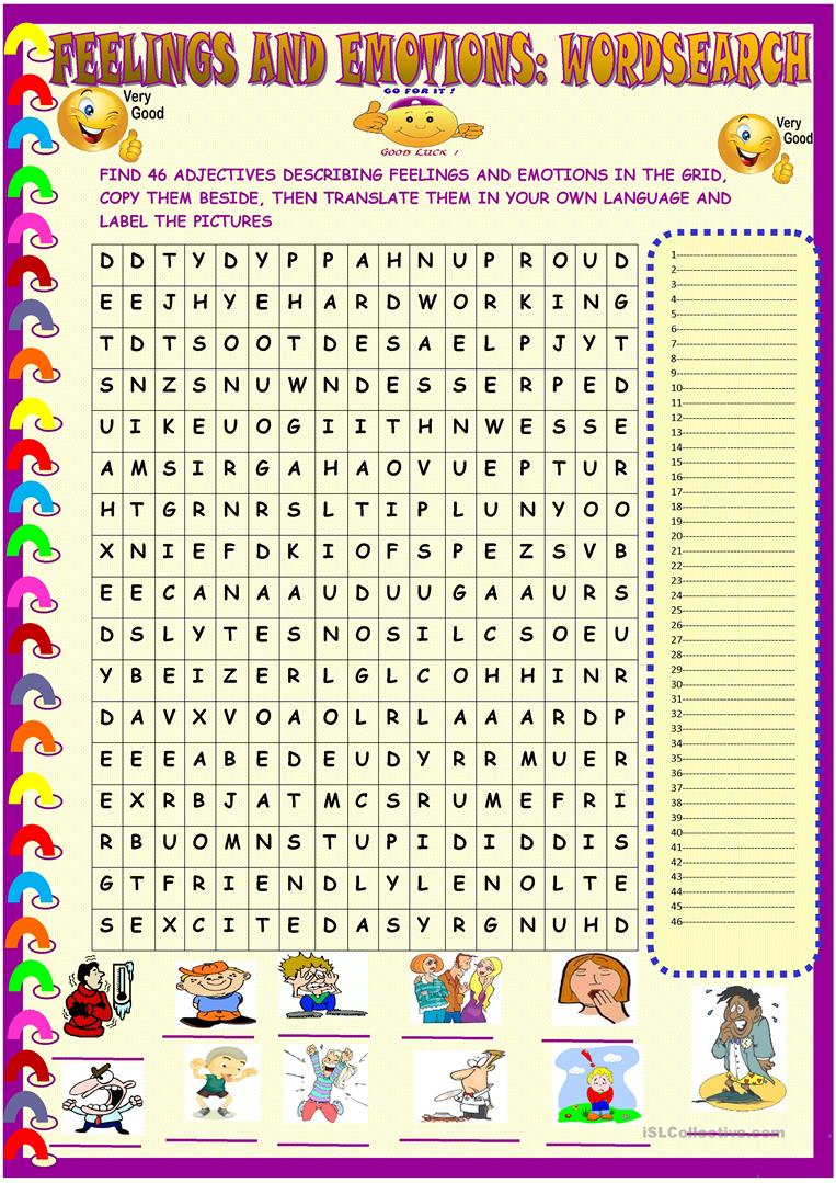 feelings and emotions wordsearch with key english esl