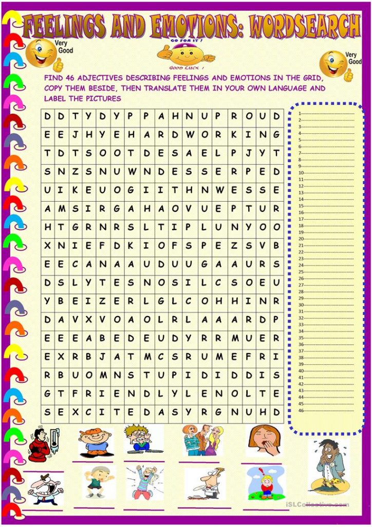 Feelings And Emotions Wordsearch With Key English Esl Word Search Printable