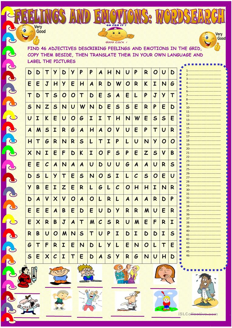 Feelings And Emotions : Wordsearch With Key - English Esl