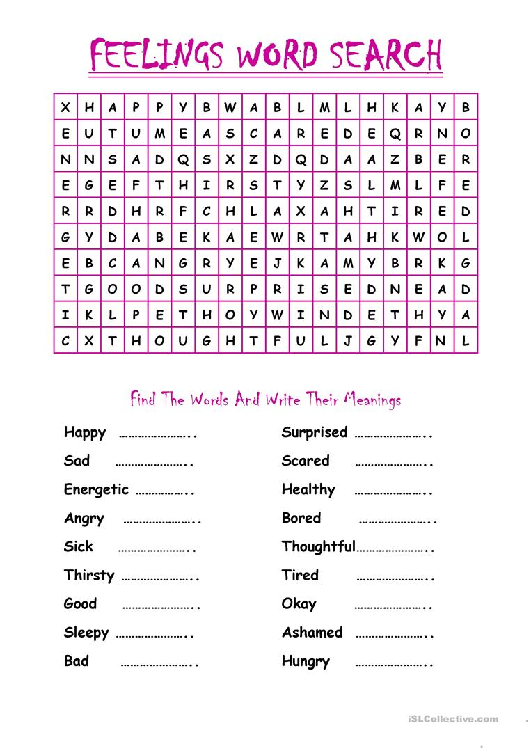 feelings and emotions wordsearch with key english esl