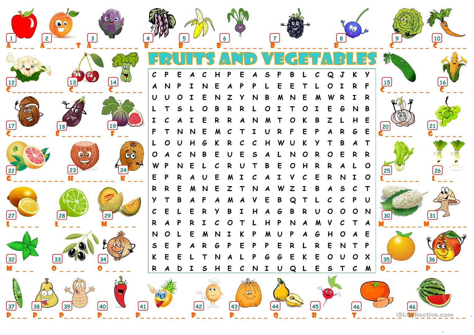 Fruits And Vegetables Wordearch - English Esl Worksheets For