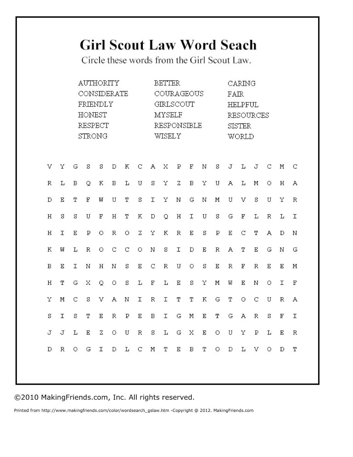 Girl Scout Manners Sheet: Girl Scout Law Word Search: Gs