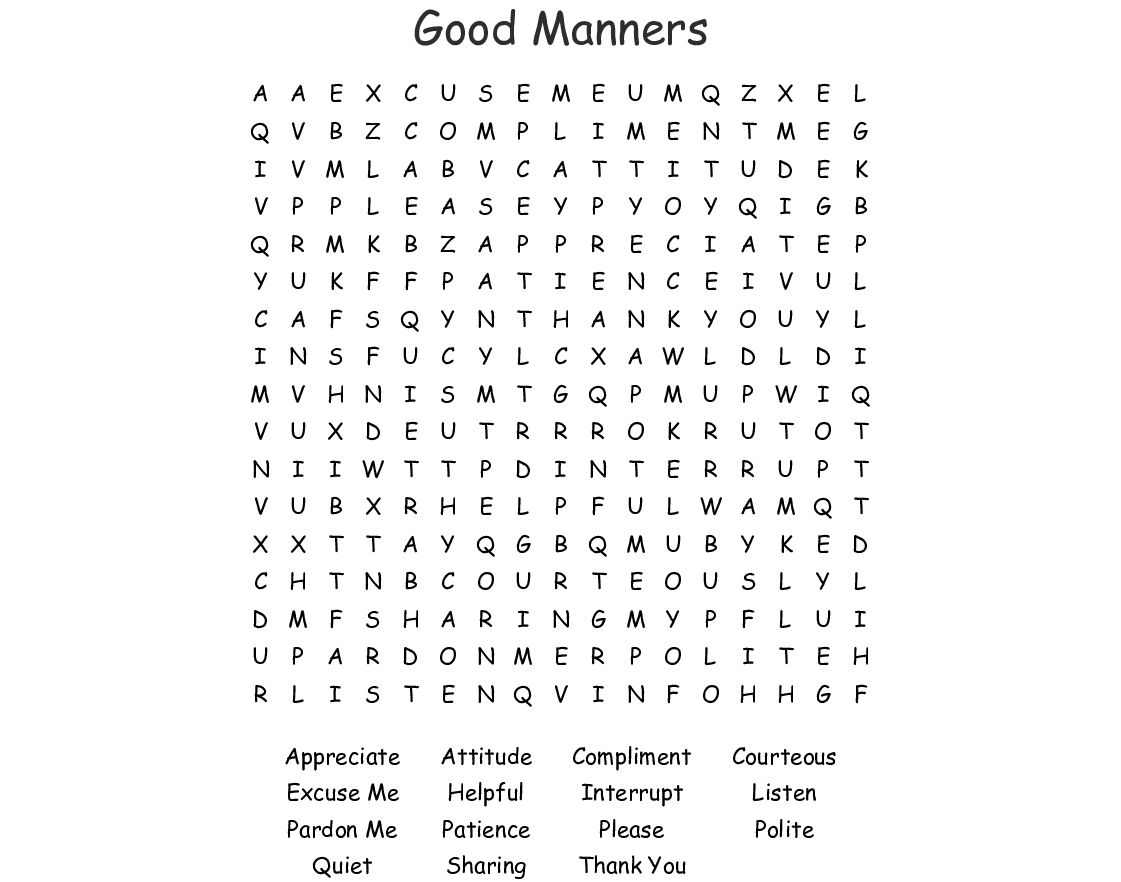 Good Manners Word Search - Wordmint