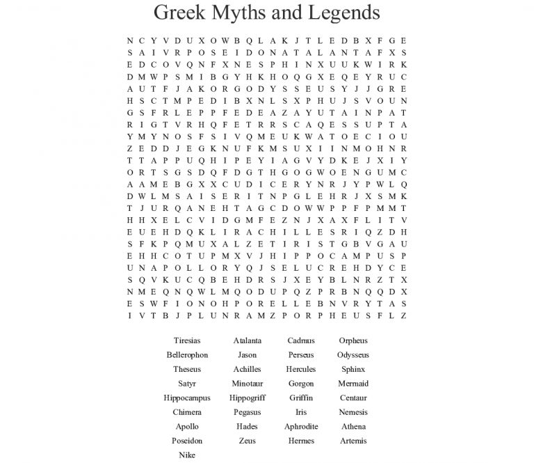 Greek Myths And Legends Word Search - Wordmint | Word Search Printable