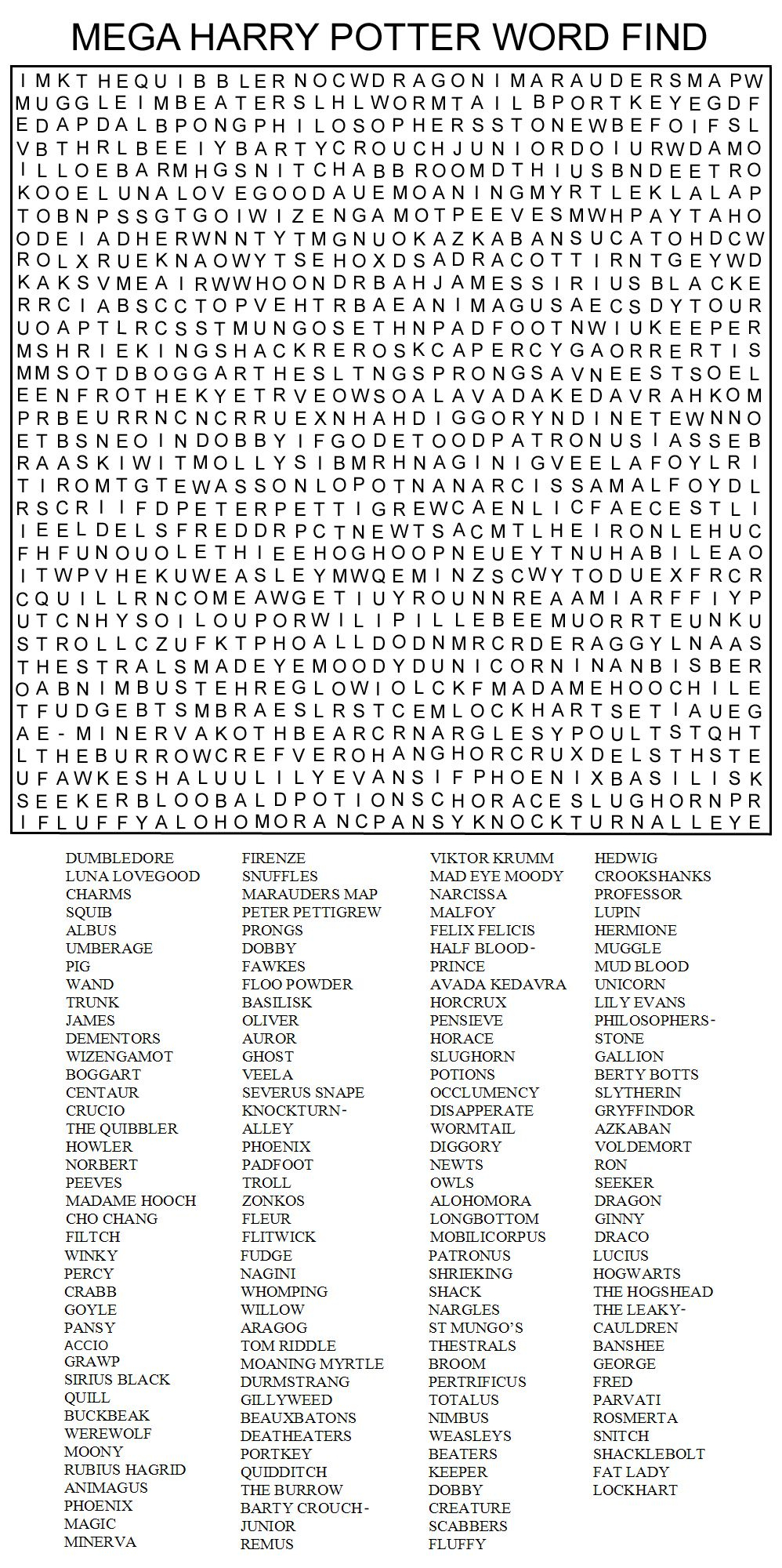 Hard Printable Word Searches For Adults | Mega Harry Potter