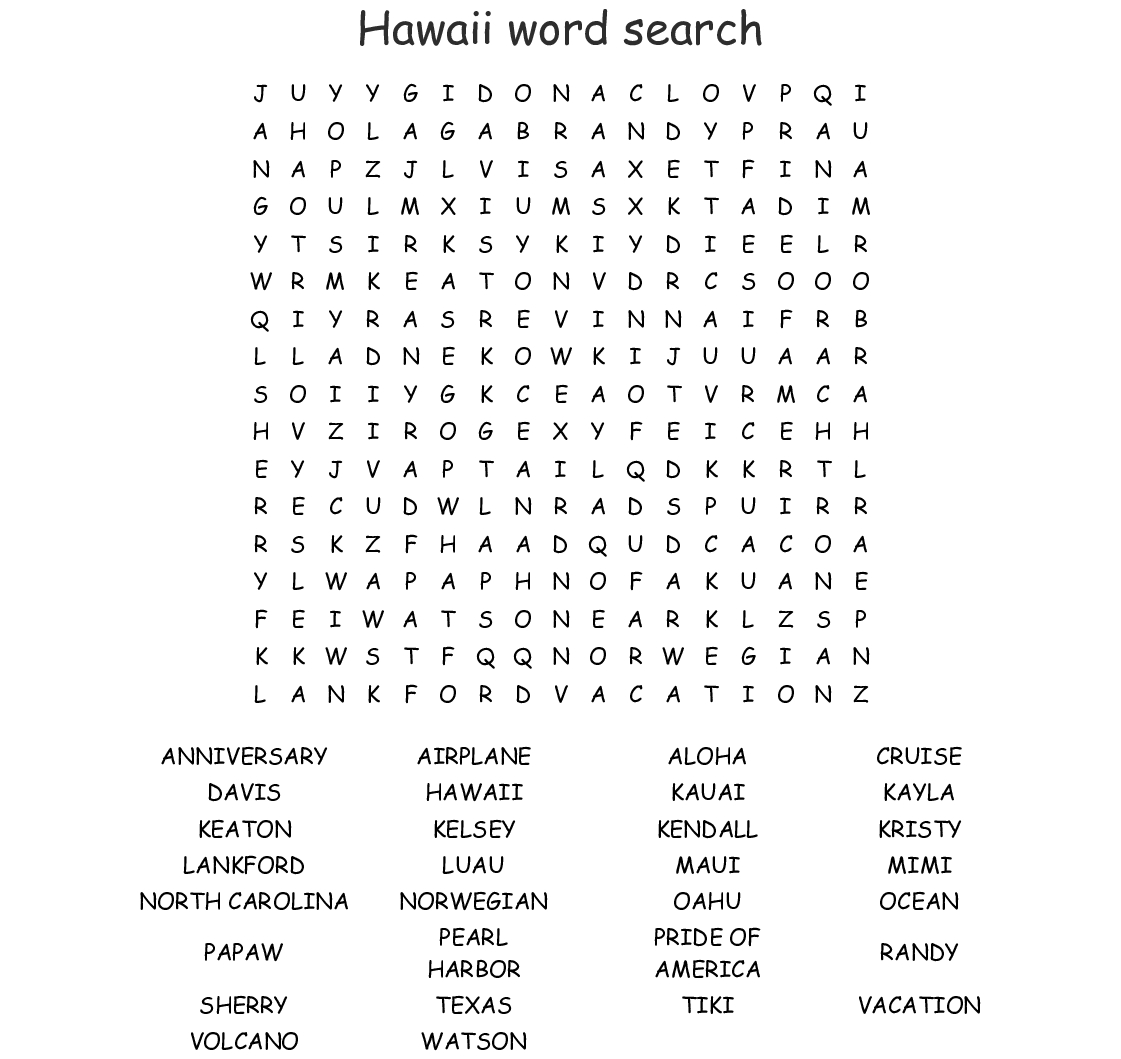 Free Printable Hawaii Word Search