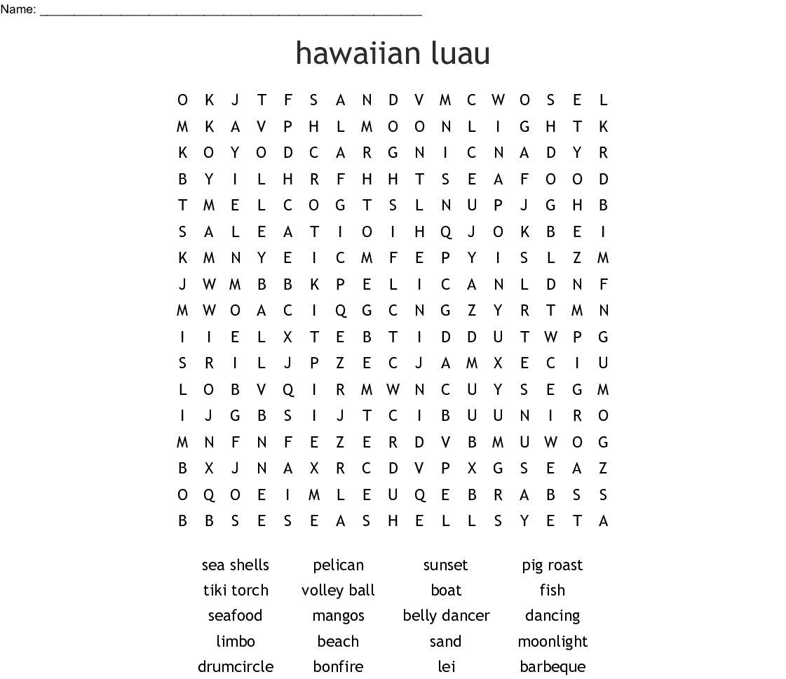 Hawaiian Luau Word Search - Wordmint