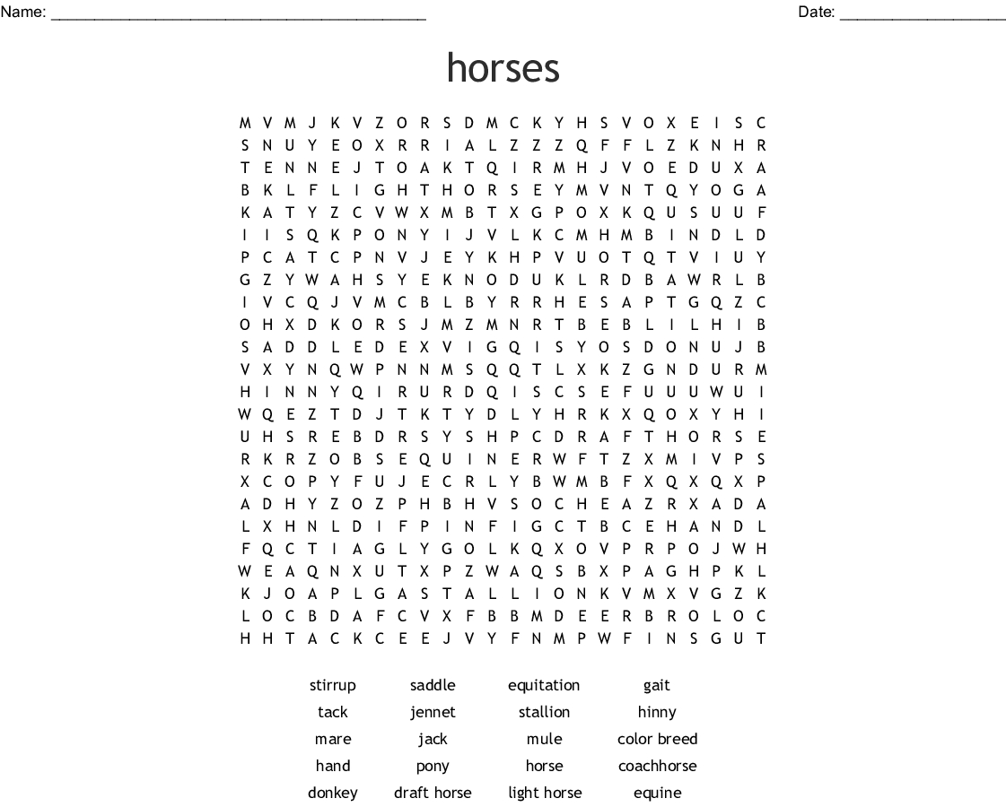 Horses Word Search - Wordmint