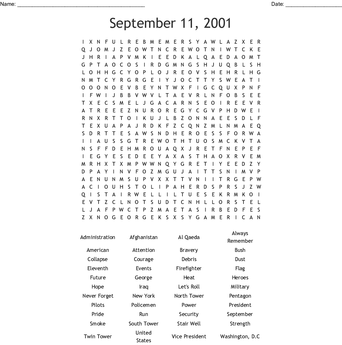 In Remembrance Of 9/11 Word Search - Wordmint