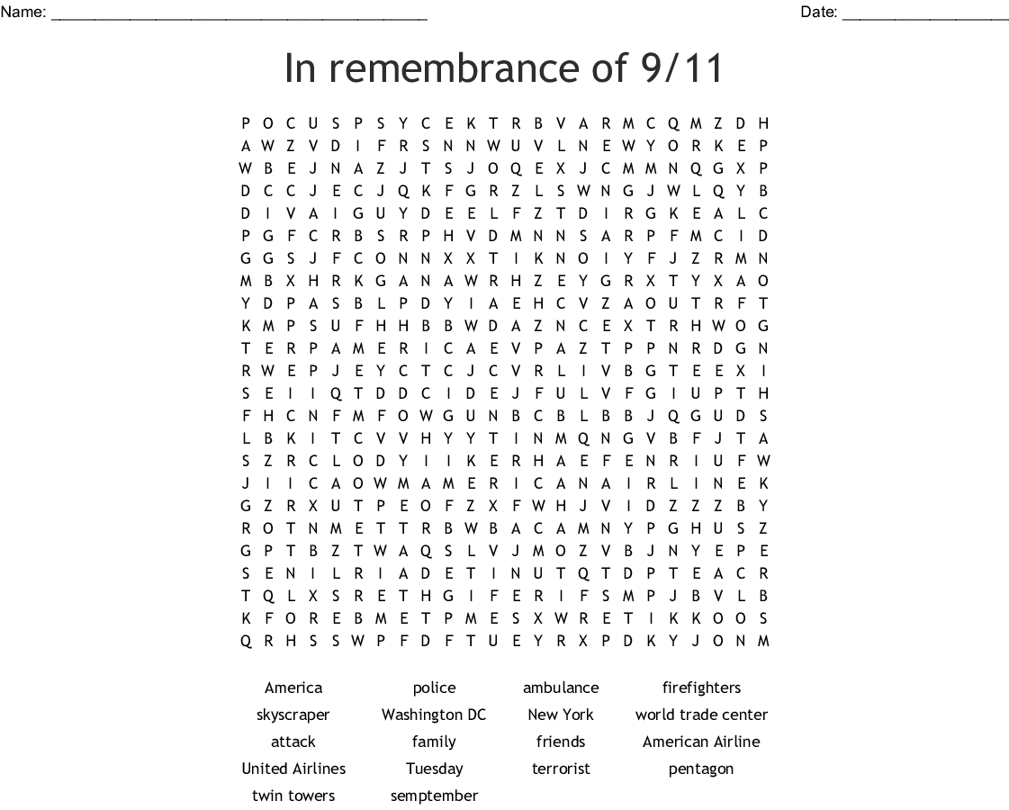 In Remembrance Of 9/11 Word Search - Wordmint