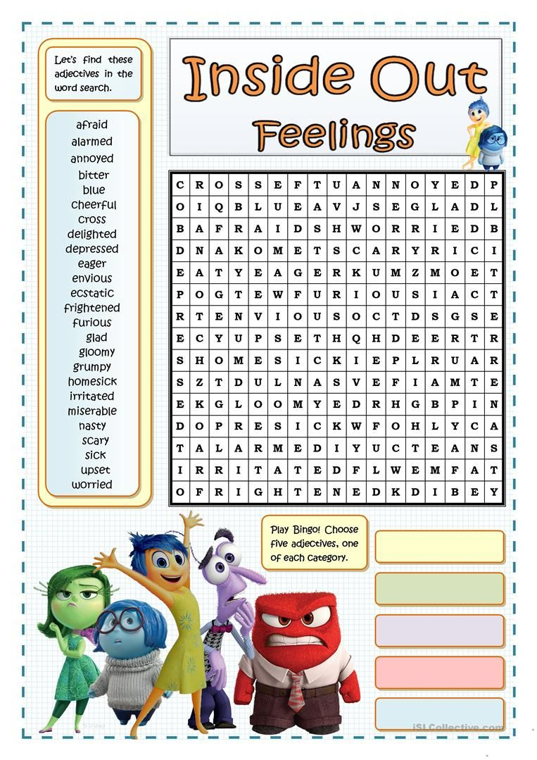 Inside Out Feelings - Wordsearch Worksheet - Free Esl