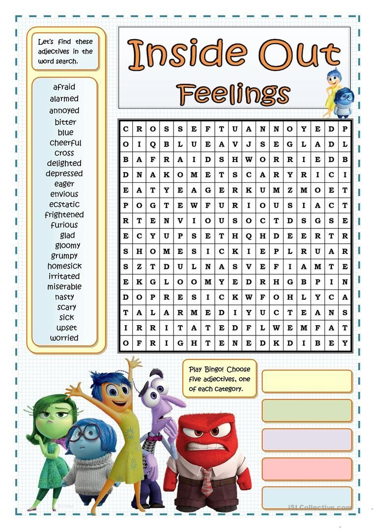 feelings and emotions wordsearch with key english esl