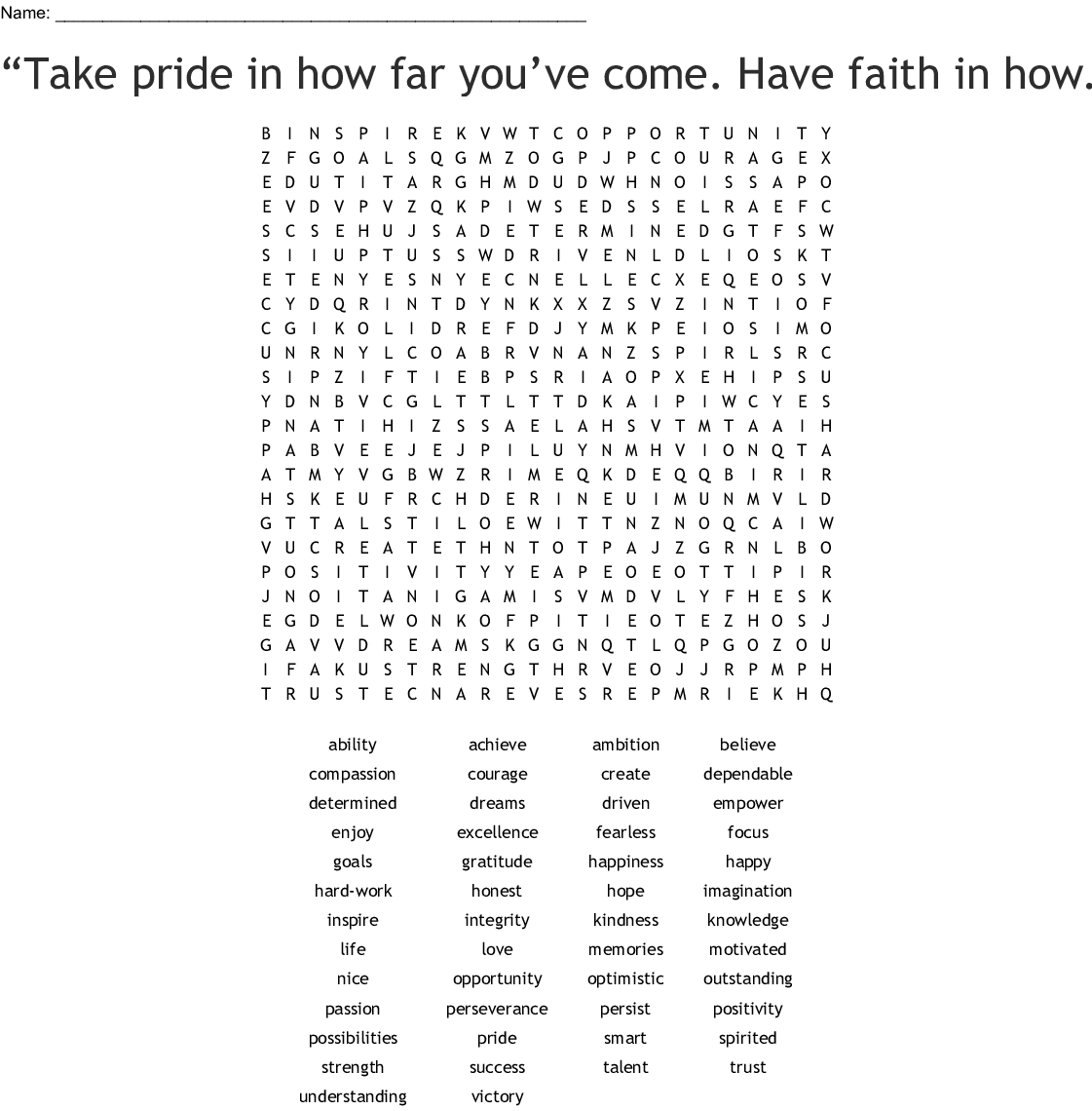 Positive Affirmations Word Search Printable