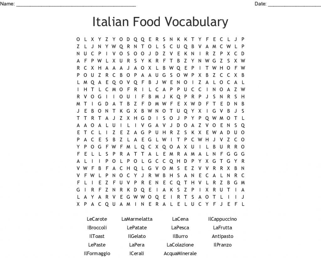 Italian Food Vocabulary Word Search - Wordmint | Word Search Printable