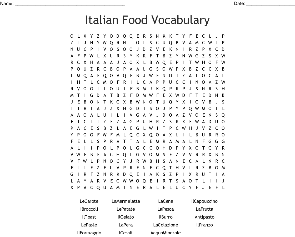Italian Food Vocabulary Word Search - Wordmint