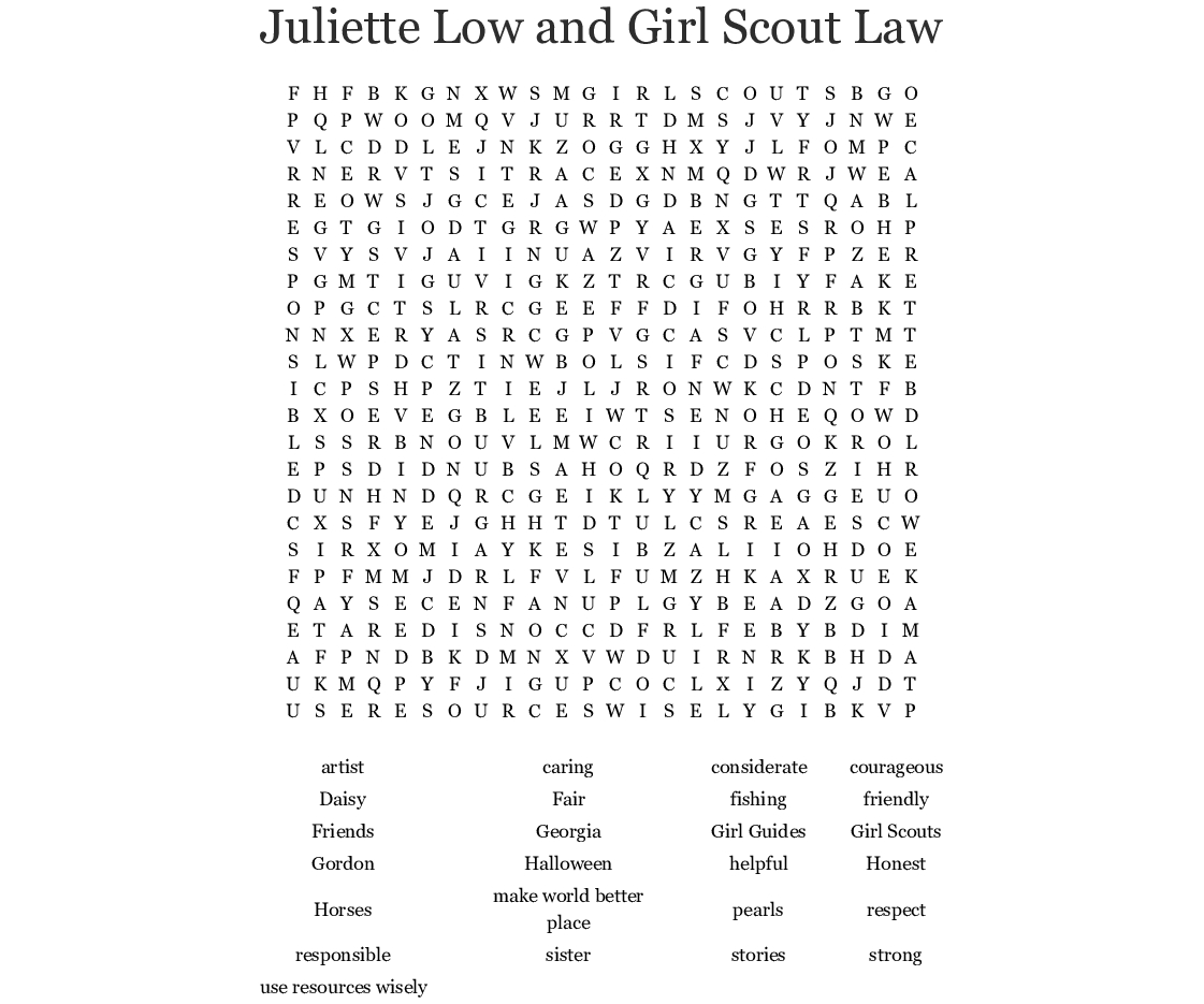 Juliette Low And Girl Scout Law Word Search - Wordmint