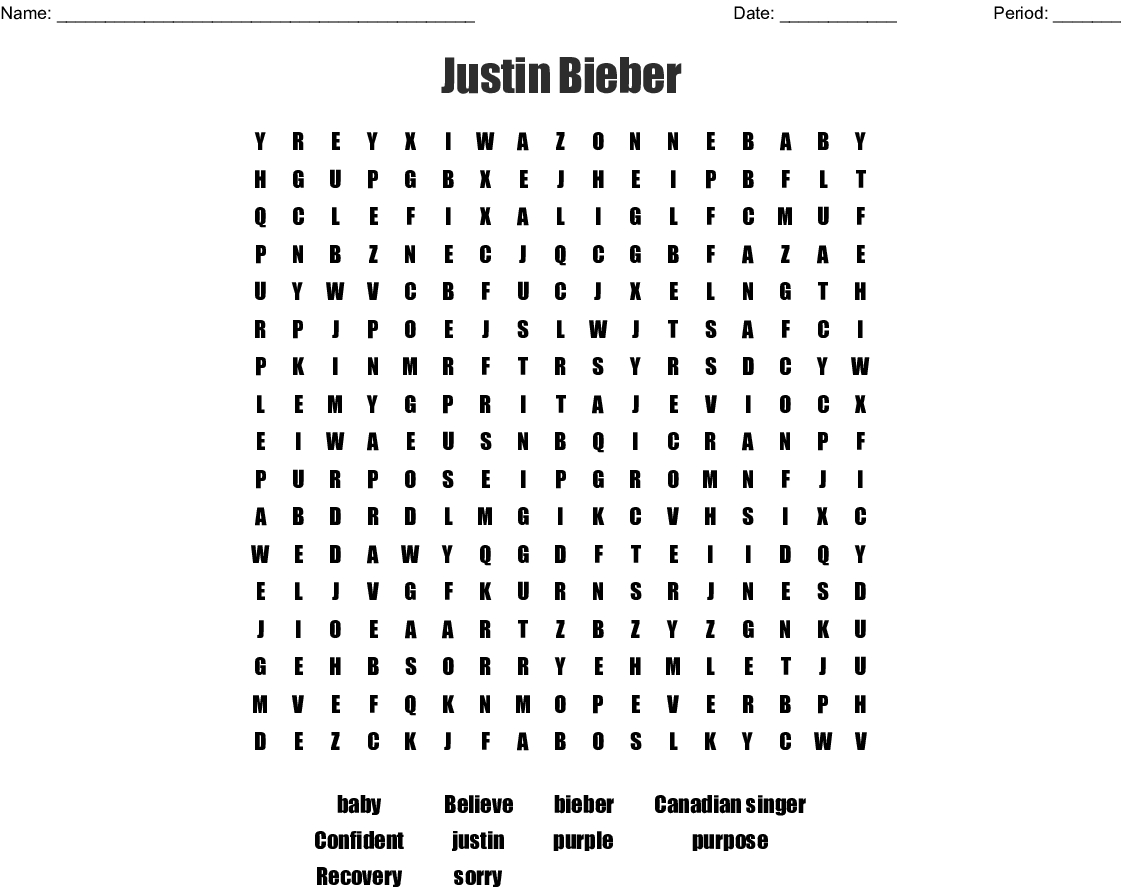 Justin Bieber Word Search - Wordmint