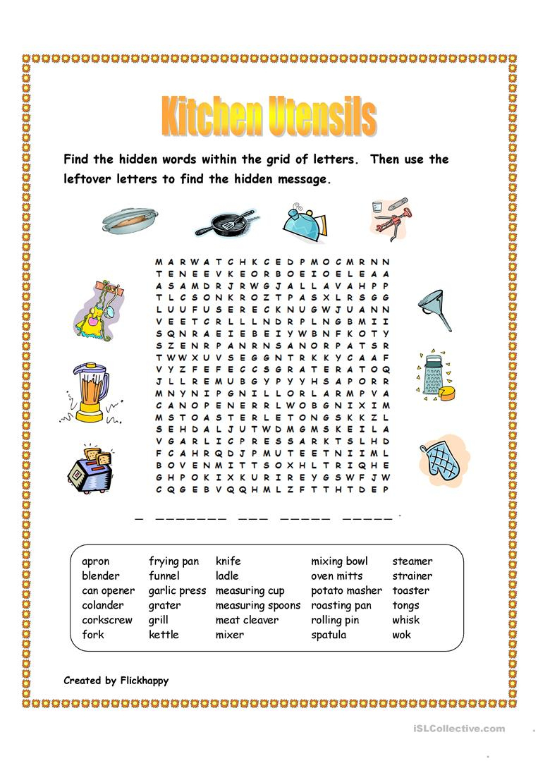 Kitchen Utensils Wordsearch - English Esl Worksheets For