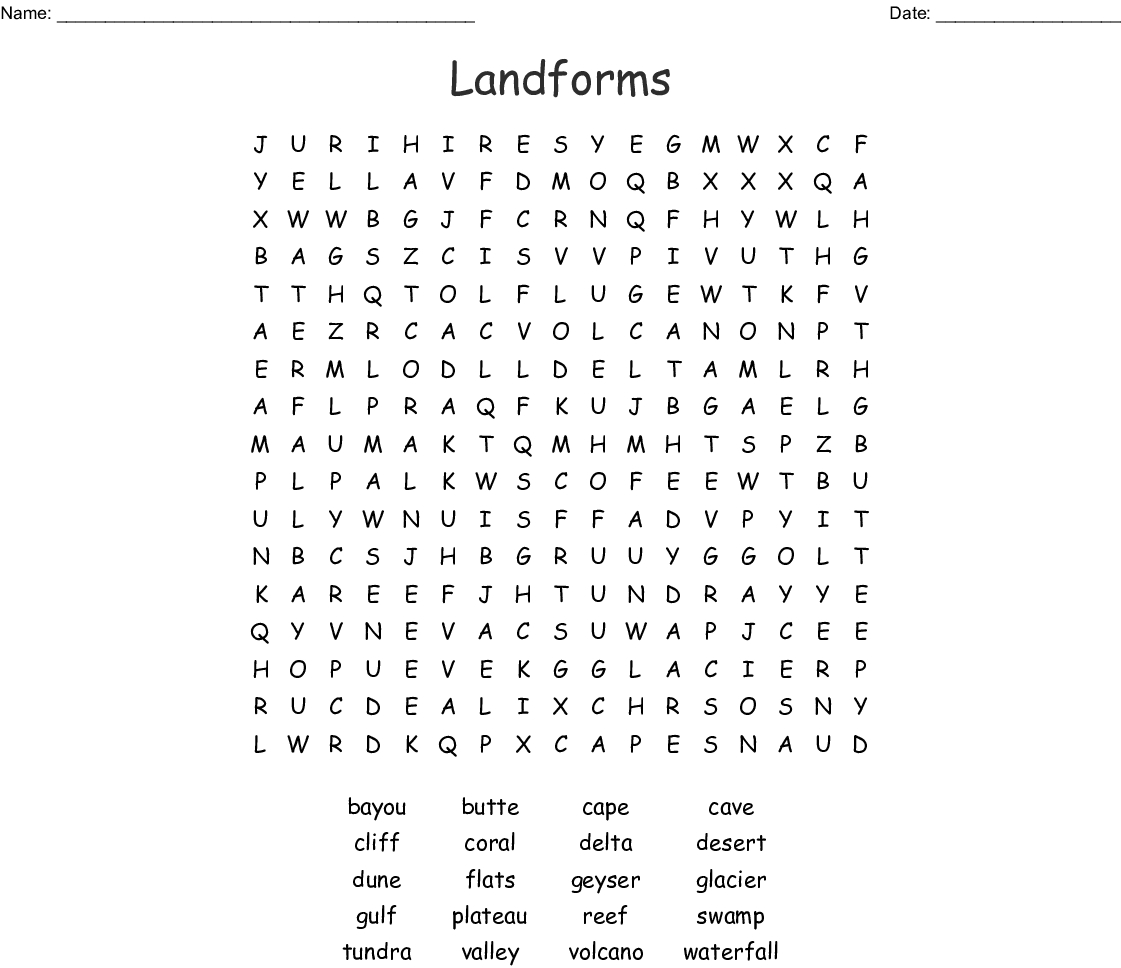 Landforms Word Search - Wordmint
