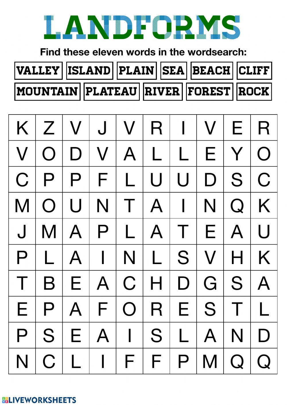 Landforms Wordsearch - Interactive Worksheet