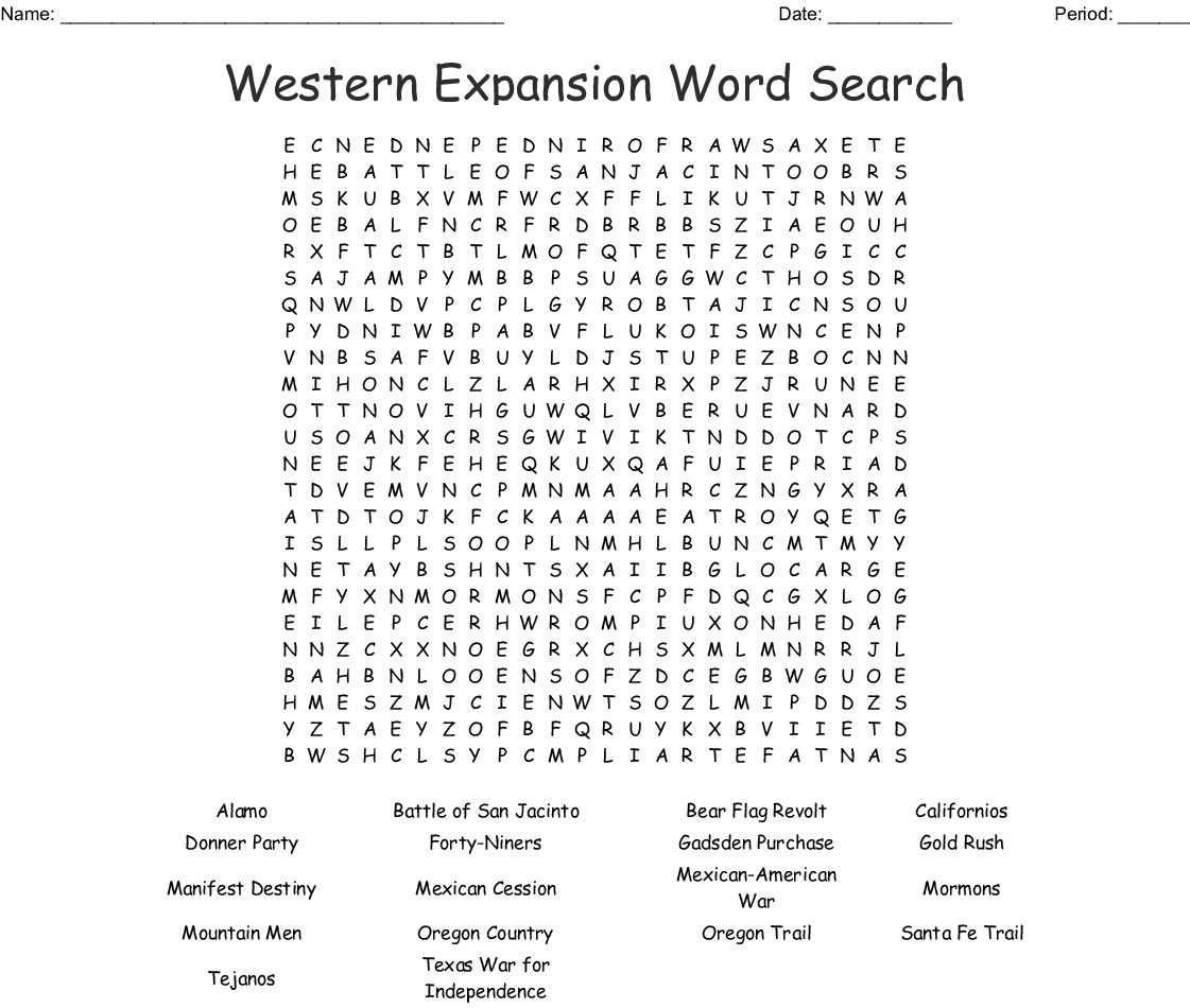 Manifest Destiny - Westward Expansion Word Search - Wordmint