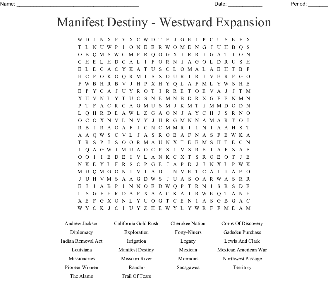 Manifest Destiny - Westward Expansion Word Search - Wordmint