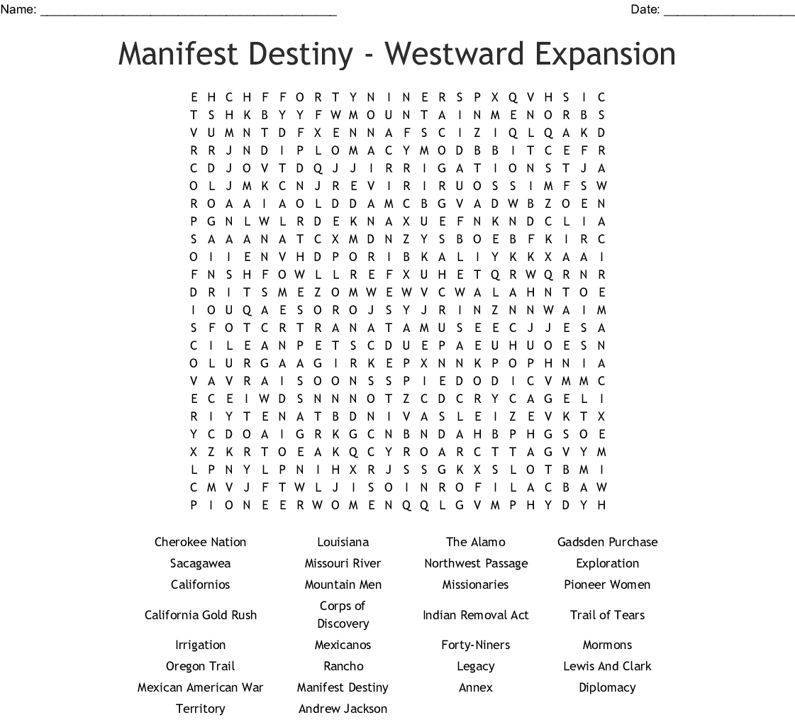 Manifest Destiny - Westward Expansion Word Search - Wordmint