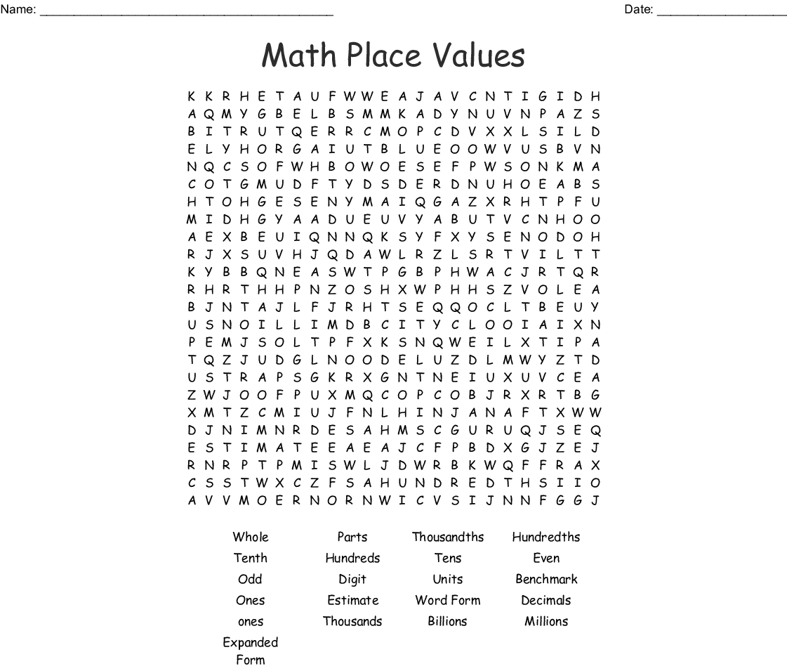 Math Place Values Word Search Wordmint Word Search Printable