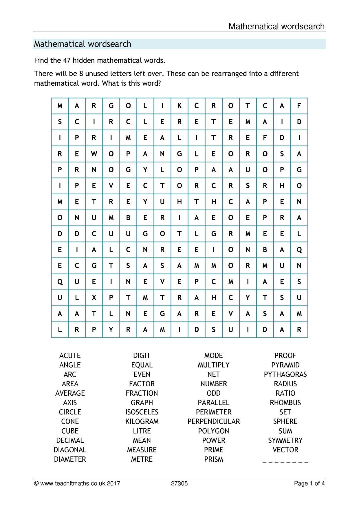 Mathematical Wordsearch - Teachit Maths