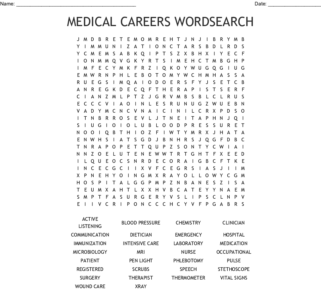 Health Care Career Word Search Answer Key