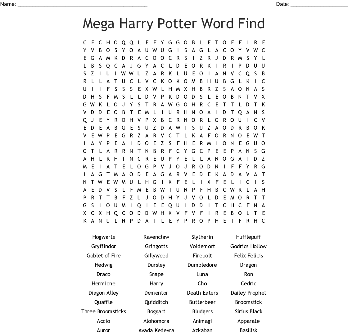 Harry Potter And The Sorcerers Stone Word Search - Wordmint - Word 