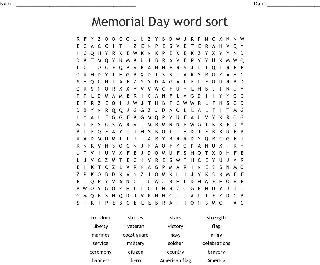 Word Search Memorial Day Printable Word Search Printable