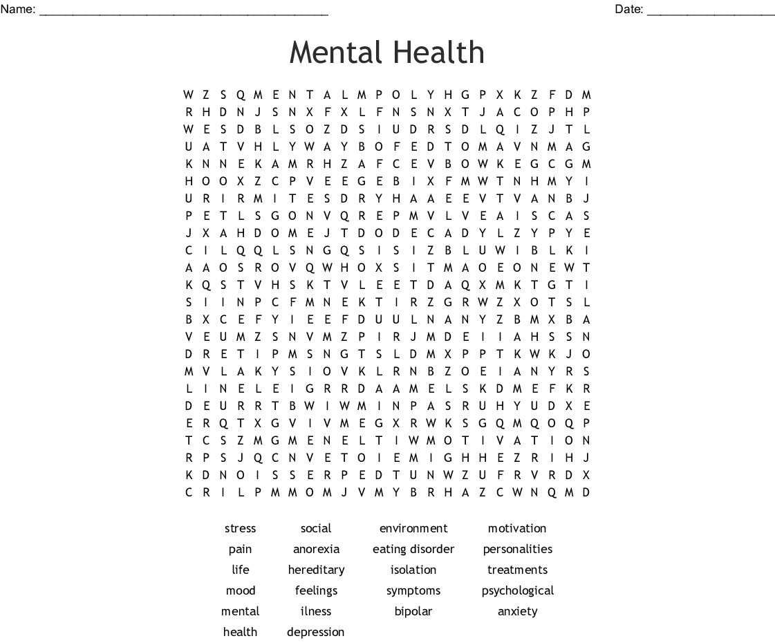 Mental Health Word Search Puzzles For Kids