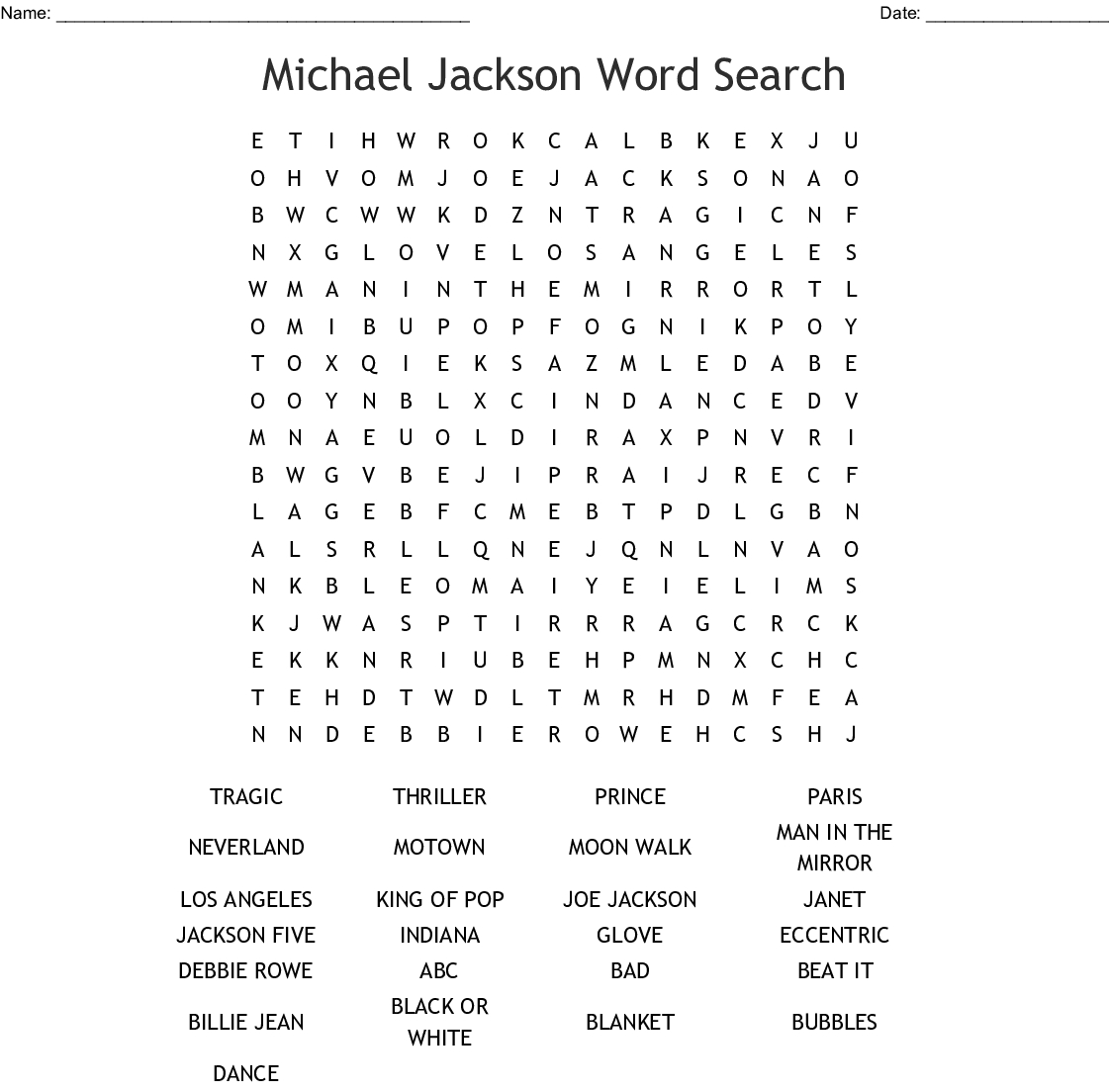 Michael Jackson Word Search - Wordmint