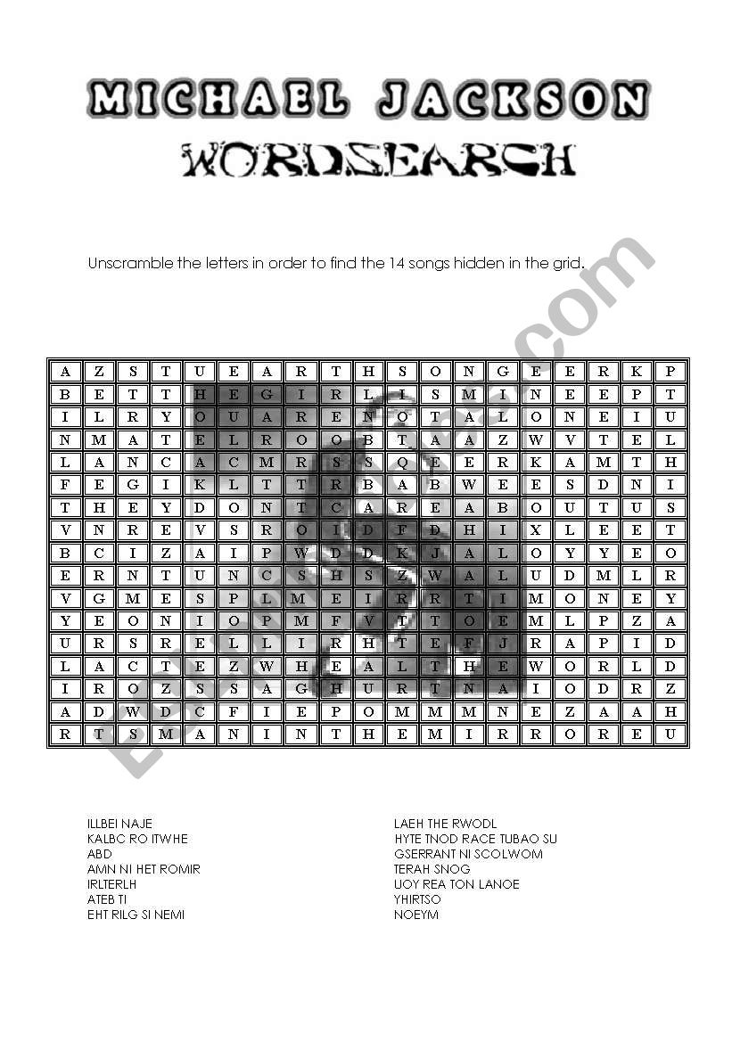 Michael Jackson Wordsearch - Esl Worksheetpricess