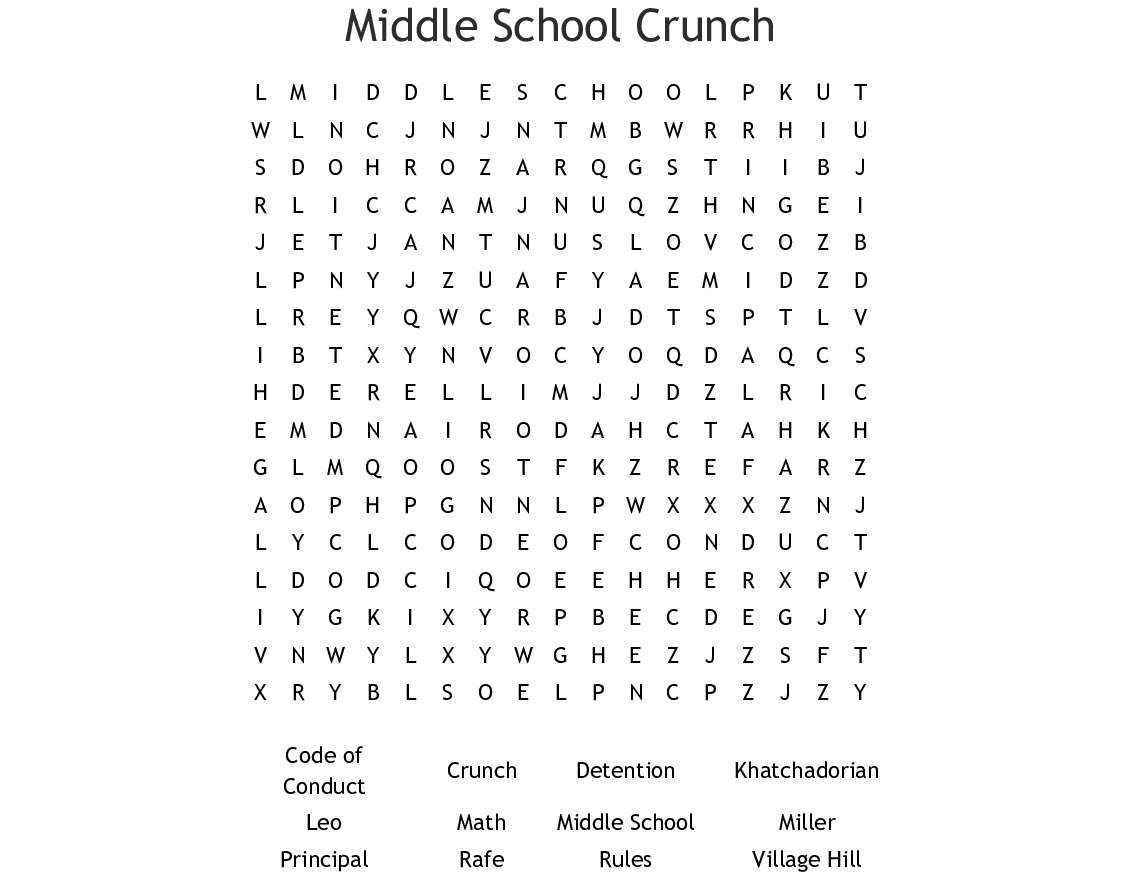 Middle School Crunch Word Search - Wordmint