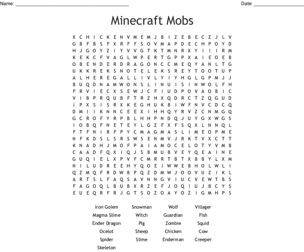 Minecraft Mobs Word Search - Wordmint | Word Search Printable