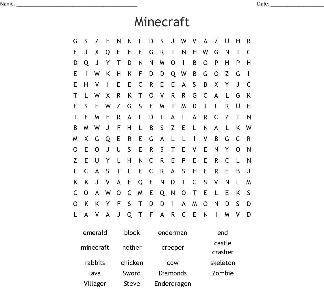 Minecraft Mobs Word Search - Wordmint