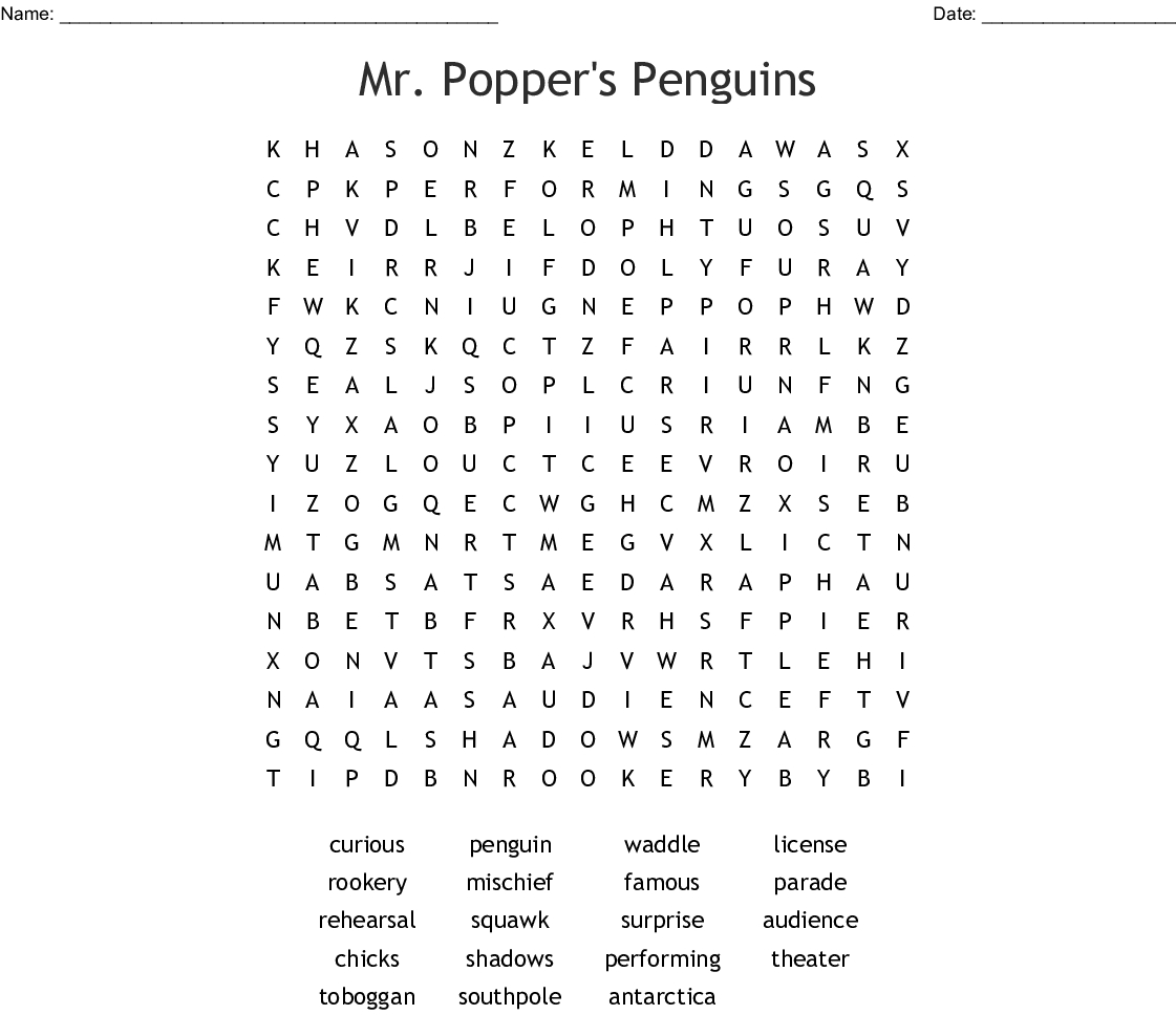 Mr. Popper's Penguins Word Search - Wordmint